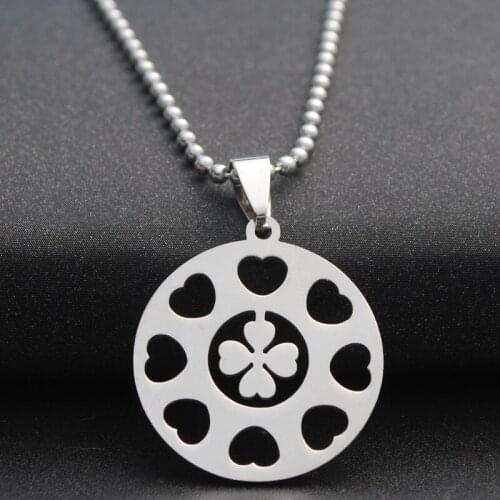 Stainless Steel Four Leaf Clover Necklace Lucky Shamrock Open Hearts in Circle Round Chain Necklaces for Women Men Lovers