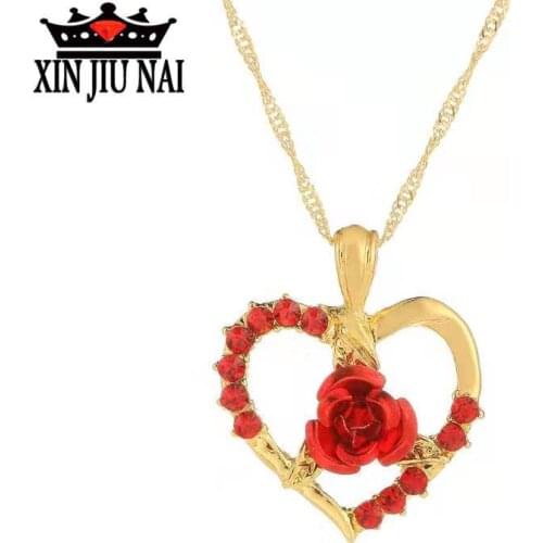 Love heart red rose pendant necklace woman girl lady gold 18K Ruby necklace choker fashion jewelry for Valentines day gift