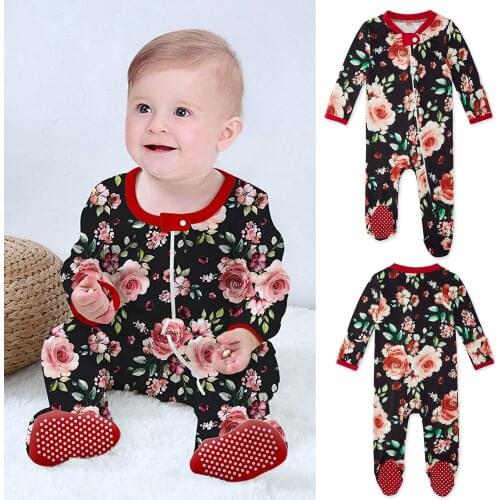 0-18Months French rose print Infant Baby Girls Floral Print Pajama Sleeper Zipper Footed Romper Jumpsuit vêtements bebe fille M4