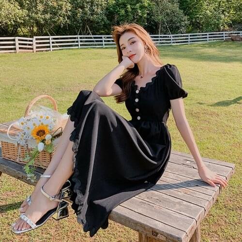 2020 New A-line Dress Black Bellflower French Retro Slim Temperament Dress Female Summer Puff Sleeve Wave Dress Women Plus Size