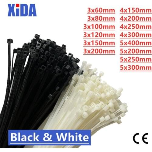 Self-Locking Plastic Nylon Tie 100PCS/Bag Black White Zip Wraps Strap Nylon Cable Tie Set 3*100 Fastening Ring 3X200 Loop Wire