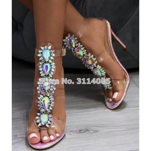 Young Girls Bling Bling Gem Stone Wedding Shoes Clear PVC Embellished Dress Pumps Shining Crystal Banquet Sandals Shoes Heels