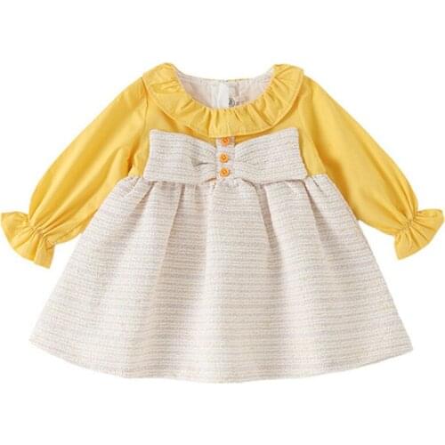 Baby Girl Skirt 2020 Autumn Children Bowknot Long-Sleeved Stitching A-Line Dress Round Neck Childrens Party Out Fashion Clothes
