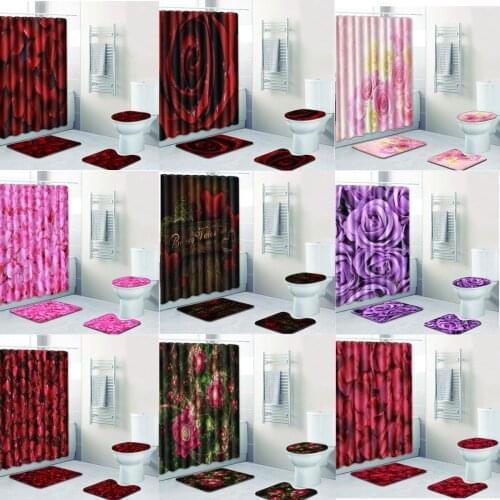 Valentines Day Multicolor Rose Petal Print Shower Curtain 4 Piece Carpet Set Toilet Cover Bath Mat Bathroom Curtain 12 Hooks