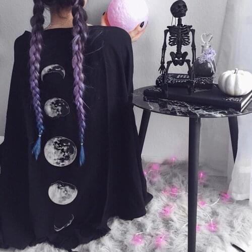 Spring Autumn Black Capes Coat Vintage Moon Print Gothic Loose Women Batwing Duplex Shawl Long Sleeve Cape Female Outerwear