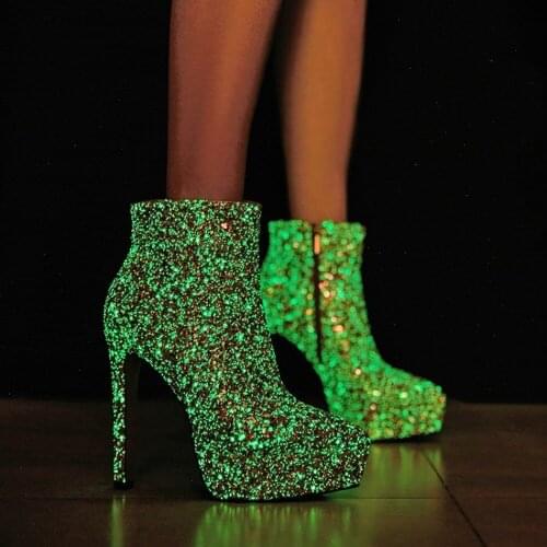 Womens Sequins Bling Luminous Ankle Boots Platform Stilettos High Heel Shoes Side Zip Shiny Party Sexy Nightclub Plus Size