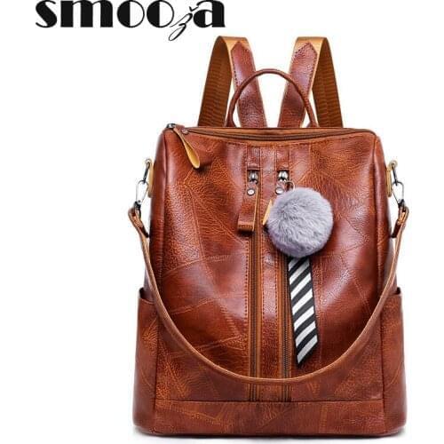 SMOOZA Womens Backpacks Fashion Fur Ball Female Bags 2021 High Quality Leather Backpack For Teenage Girl School Shoulder Bags