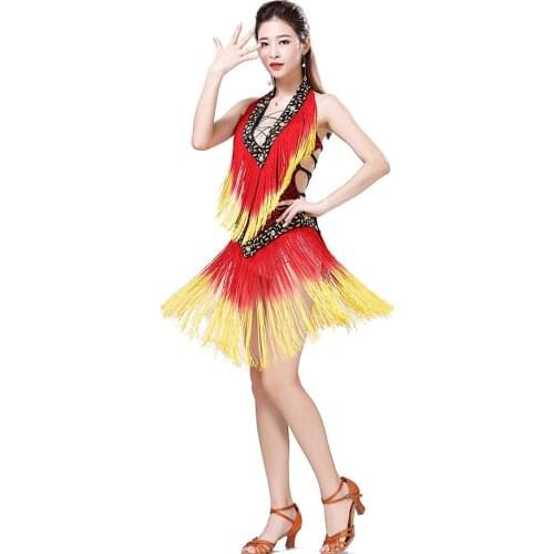 Competition Women Dance Latin Dance Wear Salsa Costume Fringes Deep V-neck Backless Ballroom Beads Sexy Latin Dresses for Girls