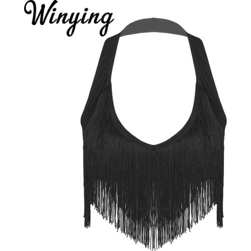 Adult Dancewear Stage Performance Black/White Tassels Women Halter Fringed Crop Tops Cha-Cha Rumba Latin Belly Dance Costumes
