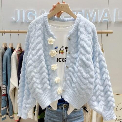 Womens knitted sweater cardigan 2021 new autumn and winter clothing flower long-sleeved round neck single-breasted top