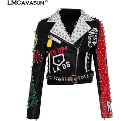 LMCAVASUN Women Graffiti Rivet beading Pu Leather Coats Women Cartoon Printed Leather Jacket Punk Rock Cropped Jacket
