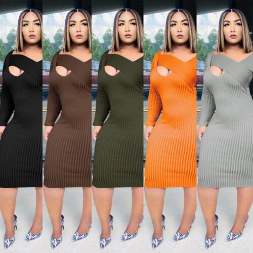 Women Autumn Cut Out Bodycon Midi Dress Casual Streetwear Long Sleeve Pencil Mid-Calf Dresses Solid Color Knited Outfits