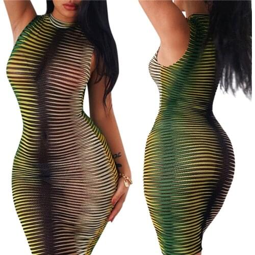 Women Sleeveless Dress with Chic Horizontal Stripe Pattern Sexy Style Skinny Fit Summer Clothing