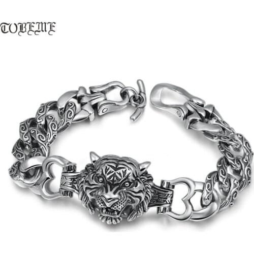 Handcrafted Real 925 Silver Tiger Head Bracelet Vintage 925 Sterling Power Tiger Man Bracelet Thai Silver Hiphop Punk Bracelet