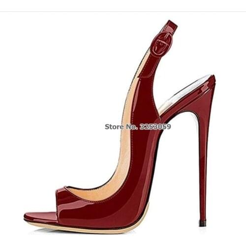 ALMUDENA Hot Seeling Wine Red Pink Patent Leather 12cm High Heel Shoes Open Toe Slingback Buckle Strap Pumps Wedding Shoes Sale