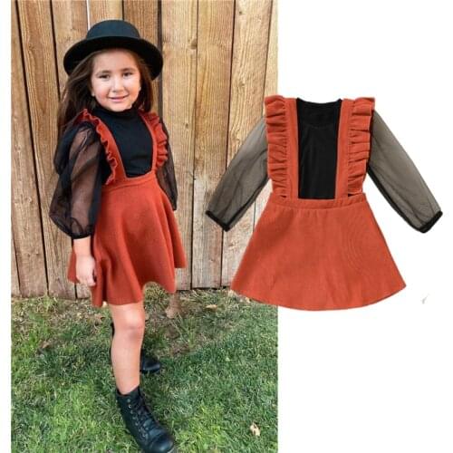 2Pcs Toddler Outfits Sheer Long Sleeves Stitching T-Shirt + Ruffled Suspenders Skirt for Girls 18 Months to 6 Years