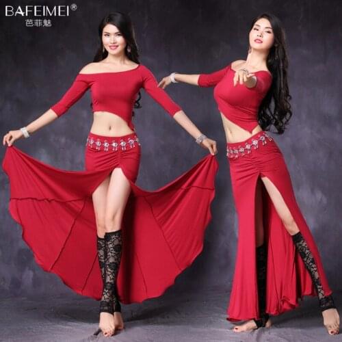 Lady Belly Dancing Suit 2pcs Sumba Dancing Costumes Girls Modal Mid-sleeve Long Skirt Female Rumba Dancing Suit Top Skirt D0065