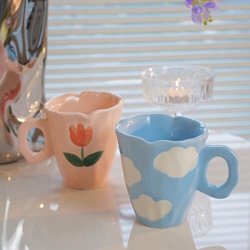 European ins hand-painted tulip mug cup ceramic coffee mug creative-holiday gift breakfast cup cute girl milk juice cup