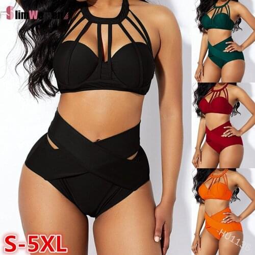 Women Sexy Cross Swimwear High Waist Bandage 2PC Halter Push Up Bras Bikini Swimsuit Tankini Bathing Suit Beach 5XL Plus Size