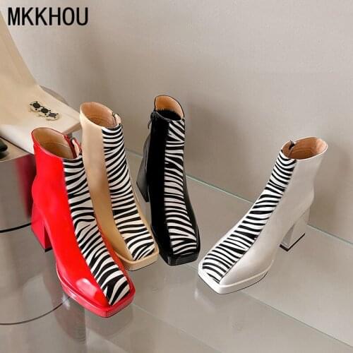 MKKHOU Fashion Short Boots Womens New Autumn Temperament All-match Patent Leather Stitching Zebra Thick Heel Platform Boots