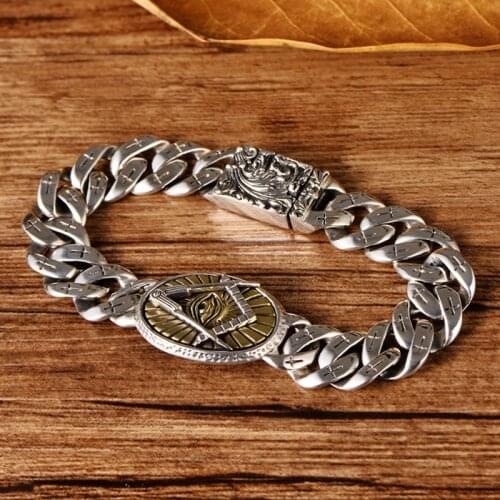 S925 Silver Eye Of Horus Men Steampunk Bracelet Punk Rock Gold Vintage Flower Cross Sterling Silver Bracelets Man Jewelry Gifts