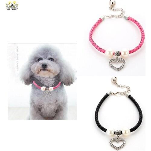 New Fashion Color Braided Leather Rope Pet Supplies Bells Alloy Heart Diamond Necklace For Cats And Dogs