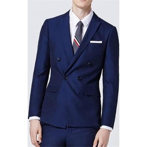 New Fashion Double Breasted Navy Blue Groom Tuxedos Groomsmen Peak Lapel Mens Suits Blazers (Jacket+Pants+Tie) W:830