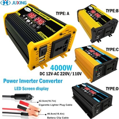 JUXING 4000W Power Inverter Converter With Double Digital Display Transformer DC 12V to AC 220V 2 USB Use for Car, Outdoor