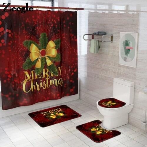 Christmas Style Bath Mat and Home Decoration Shower Curtain Set Bathroom Carpet Toilet Cover Mat Bathroom Non-slip Floor Mat Set