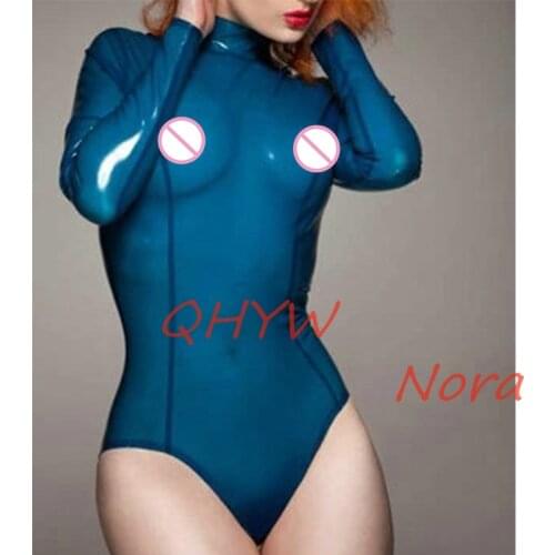 Sexy Women Transparent Blue Latex Swimsuit Sleeveless Rubber Bodysuit Jumpsuit