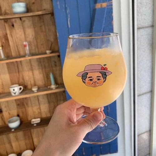 460ml Lovely Grandma Printed Goblet Glass Cup INS Retro Transparent Dessert Juice Milk Cup Beer Glass Home Cafe Party Drinkware