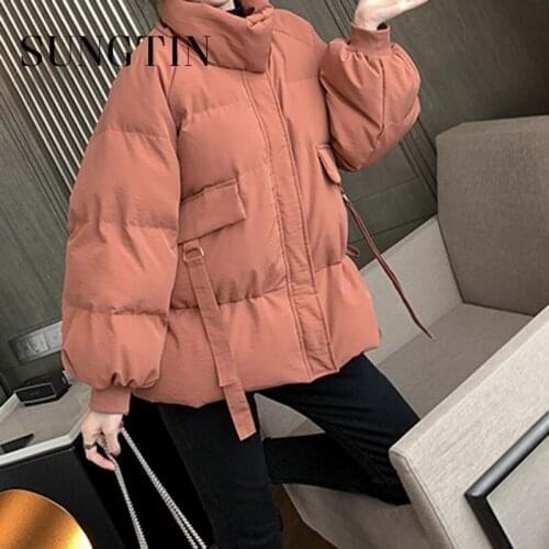 Sungtin Winter Warm Oversized Parkas Women with Belt 2021 New Fashion Solid Causal Female Jackets Korean Elegant Coats Padded