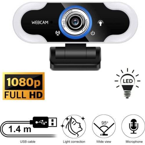 Web Camera Full HD Cam With USB Connector, LED Light, Microphone for Skype, MS Teams, Zoom, Home Office, Video Chat, Conference