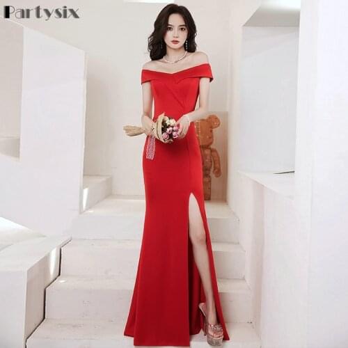 Partysix Women Red Slash Neck Mermaid Party Dress Backless Costume Dress Evening Prom Long Short Sleeve Ball Gown Vestido