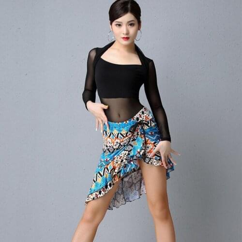 Belly Latin Dance Clothes Woman One Pieces Sexy Mesh Tops Printing Skirt Female Ballroom Cha Cha Dance Practice Costume DL4910