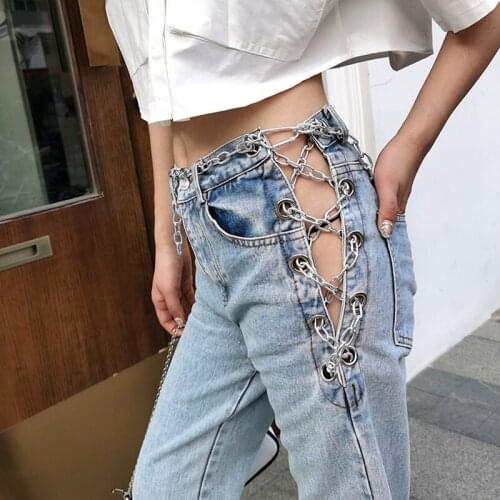 2020 Spring and Summer Personality Iron Chain Hollow Out Jeans Women Jumpy Nightclub Niche Design Casual Pants Female