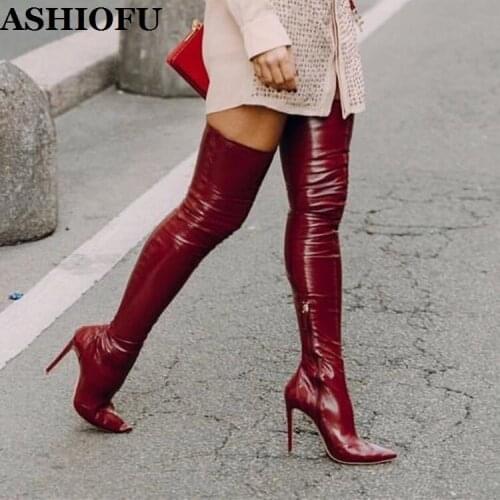 ASHIOFU New Handmade Womens High Heels Long Boots Pointy Sexy Night-club Thigh High Boots Winter Pole-dance Evening Red Boots