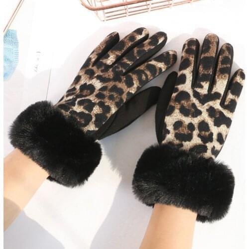 Womens Winter Full Finger Touch Screen Gloves Suede Plus Velvet Leopard Gloves Faux Rabbit Fur Thicken Warm Driving Gloves D69