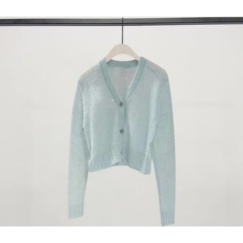 2021 Early Autumn Womens Knitted Cardigans V-Neck Long Sleeve Single Breasted Simple Lady See-Through Short Sweater