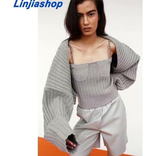 Vintage Knitted Chain Camisole Sexy Tops harajuku Tshirt Short Batwing Cardigan Women 2 Pieces Sets