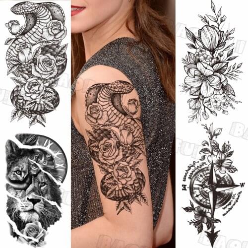 3D Realistic Rose Snake Temporary Tattoos For Women Adult Compass Lion Lotus Fake Tattoo Sticker Custom Armband Sexy Tatoo