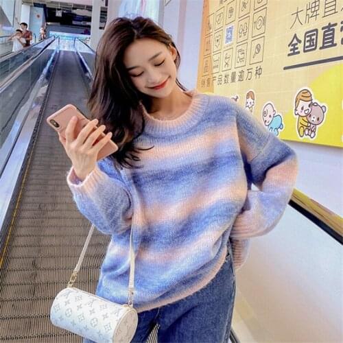 Autumn Winter Women Rainbow Sweater and Pullovers Oneck Long Loose Style Striped Korean Jumpers Candy Color Oversized Pull