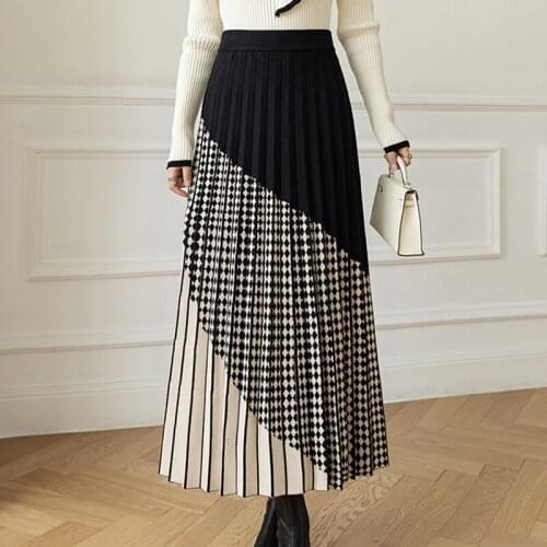 Autumn Winter Ladies Mid-Length Elegant Casual High-Waist A-Line Knitted Pleated Skirt Faldas Largas Mujer 2021 A197