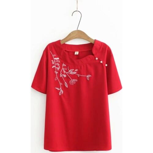 Plus size Pearl button embroidery women tshirts 2021 new summer casual ladies skew collar chiffon t shirts female tops
