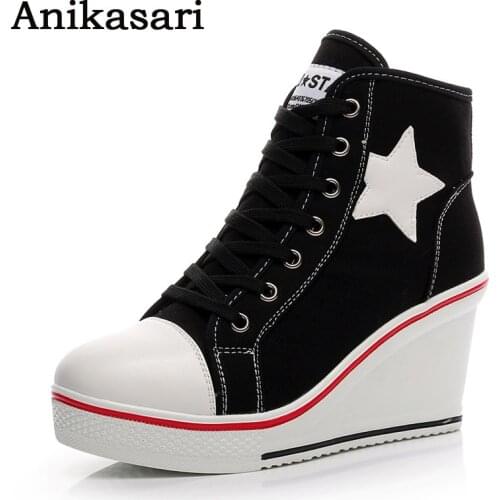 Size 35~43 Canvas Shoes Women Casual Elevator Platform Shoes Female High Top Hidden Wedge Heels Ankle Boots Zapatillas Mujer