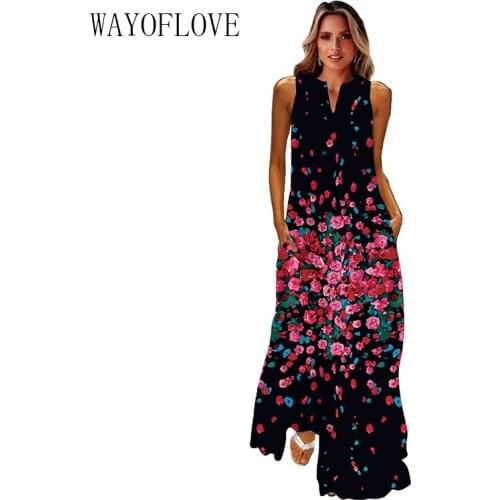 WAYOFLOVE New Black Floral Long Dress 2021 Elegant Casual Dresses Summer Woman Plus Size Girls Sleeveless Beach Maxi Dress Women