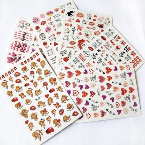 10PCS3DLove Lipstick Lip Print Flower Nail Art Sticker DIY Text Cat Angel Baby Nail Art Decoration Decal Valentines Day 10-12PC