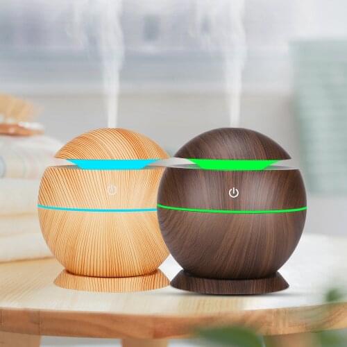 130ml Mini USB Air Humidifier Wood Grain Cool Mist Aroma Essential Oil Diffuser For Home Appliance With 7 LED Color Lights
