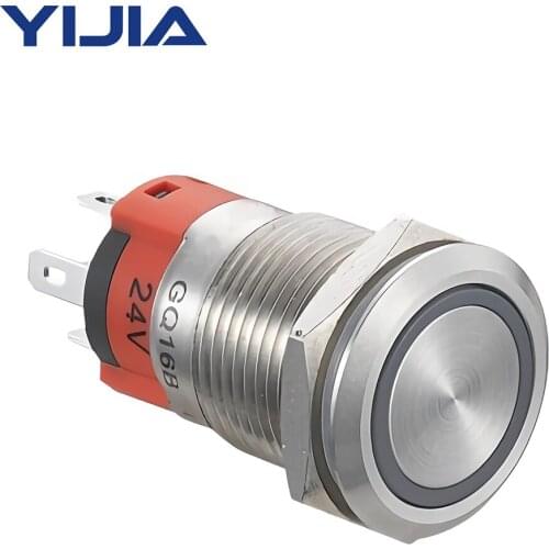 16mm 0.63" Latching SS 24V Flat Push Button Switch Ring Ligh with Wire Socket GQ16BF-11EZ/S