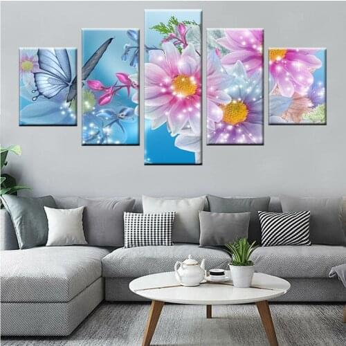 Abstract Shiny Pink Flower Butterfly Decoration Frame Picture Modern Home Wall Art Nordic Poster 5 Piece Canvas Drawing